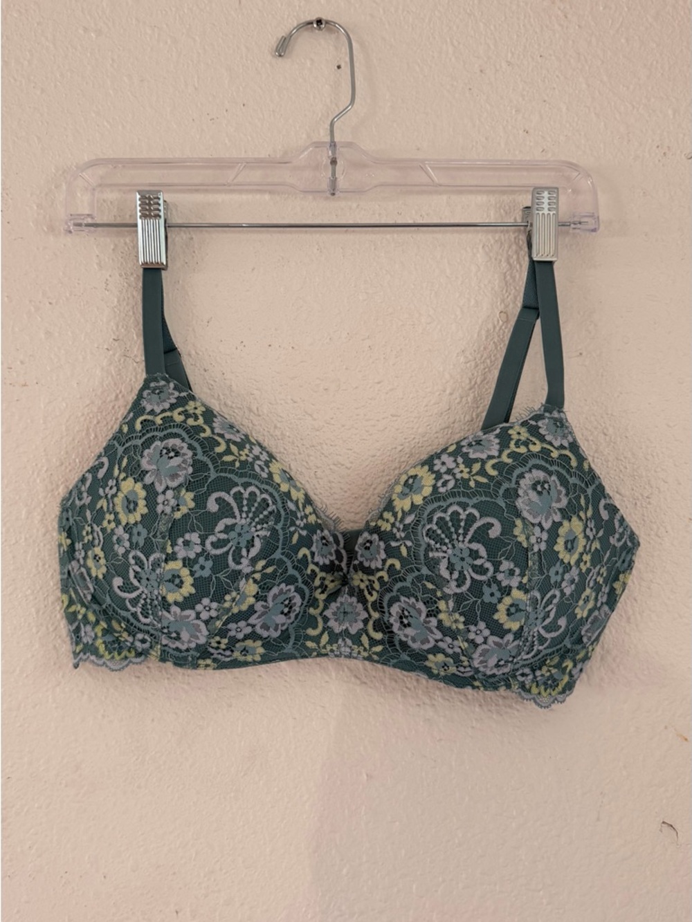 Lace Overlay Floral Underwire Bra - Teal Green